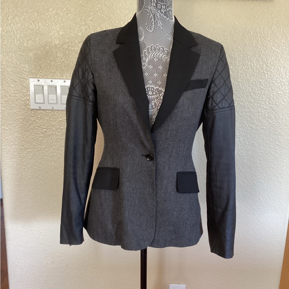 Karen Millen Gray/Black Wool And Faux Leather Mixed Media Blazer